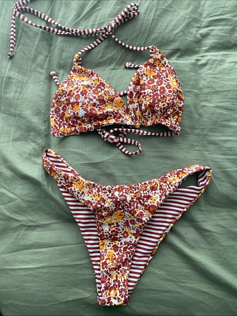Floral & Striped Two-Piece Bikini Set - Maroon, Yellow, White